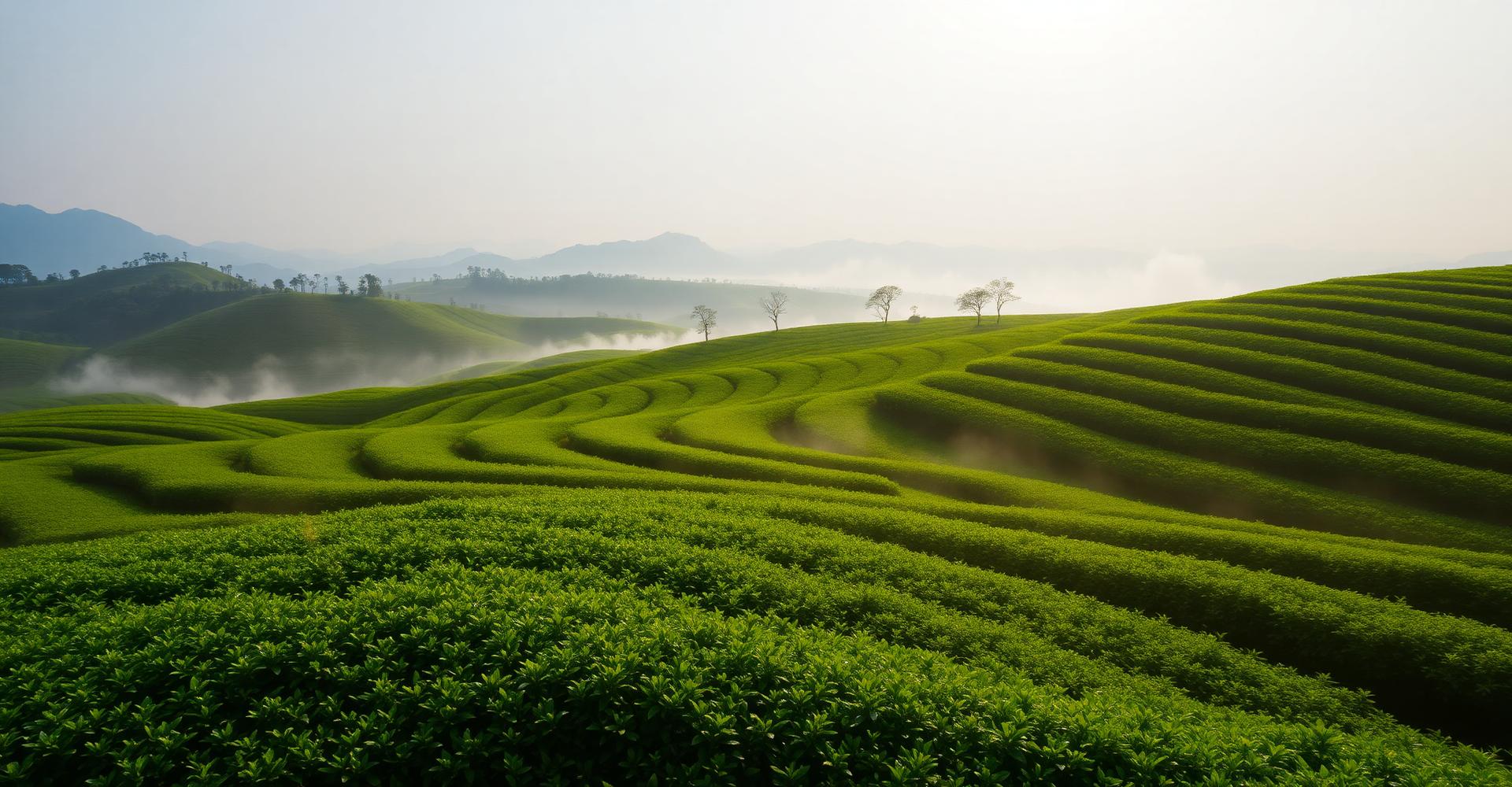 Rolling green terraced fields with distant mountains in morning mist